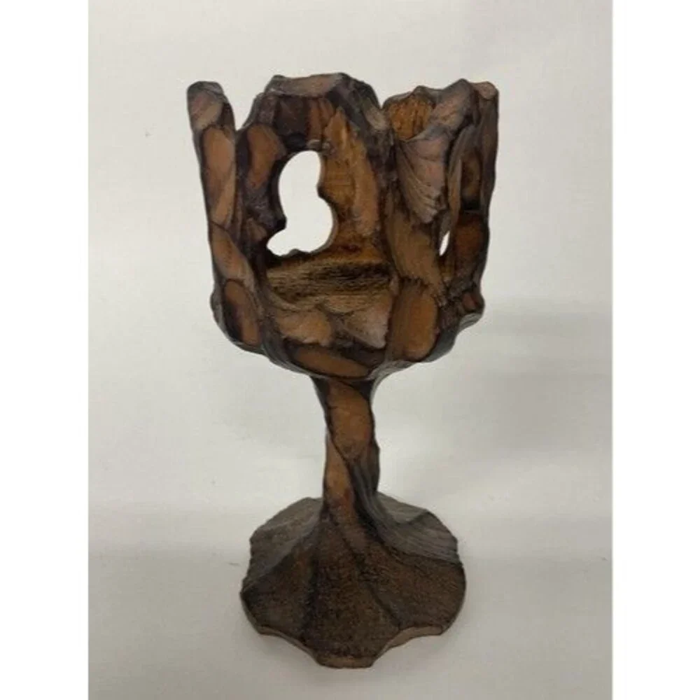 VTG Chine SE Crude Gothic Burnt‎ Wood Carved Goblet/Candle Holder 6” Taiwan